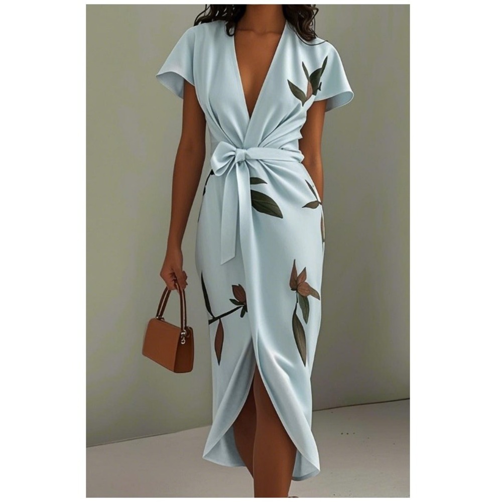 Fehaute Women's Light Blue Leaf Short Sleeve Satin Wrap Sheath Midi Dress Size L